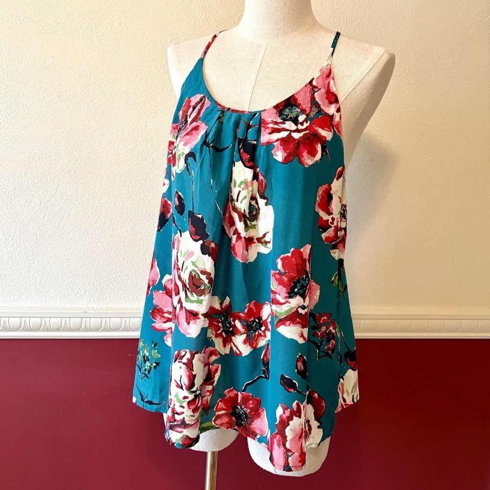 Lucky Brand Chiffon Tank Top Size S Teal Pink Floral Swing Tulip Hem Racer Back